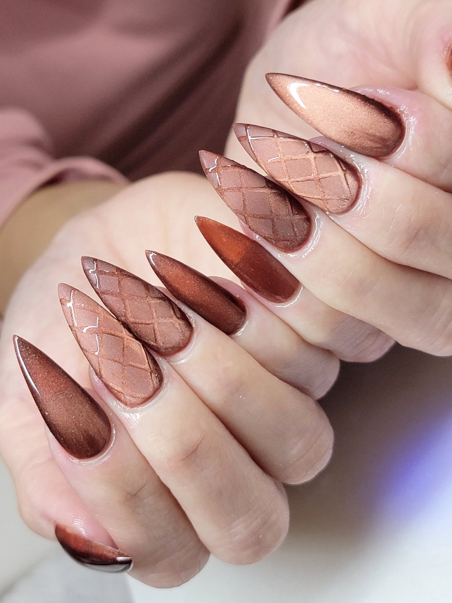 Elegant rich brown chrome and quilted-pattern stiletto nail set